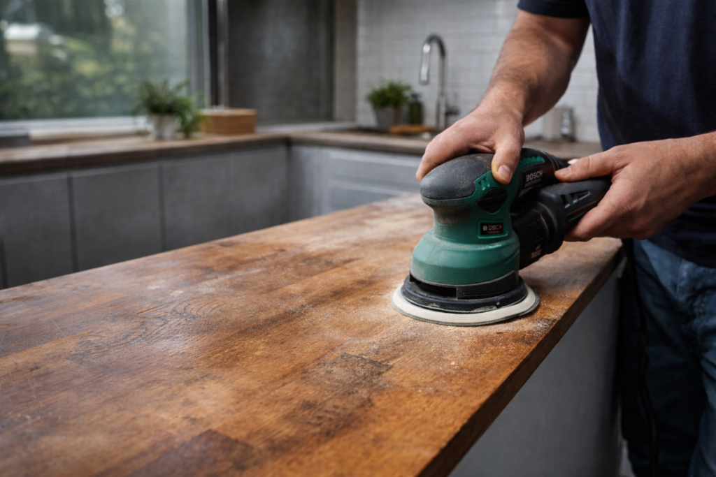 Professionel slibning af træbordplade i køkken