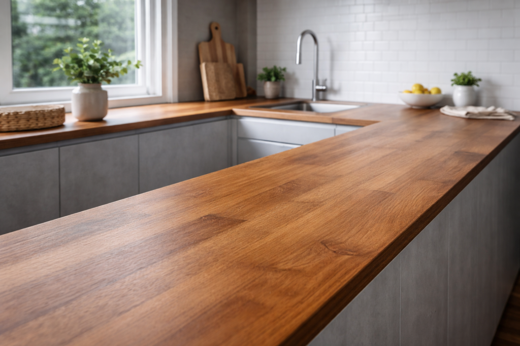 Renoveret træbordplade efter slibning