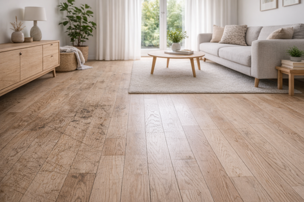 før slibning ask gulv med slid og misfarvning