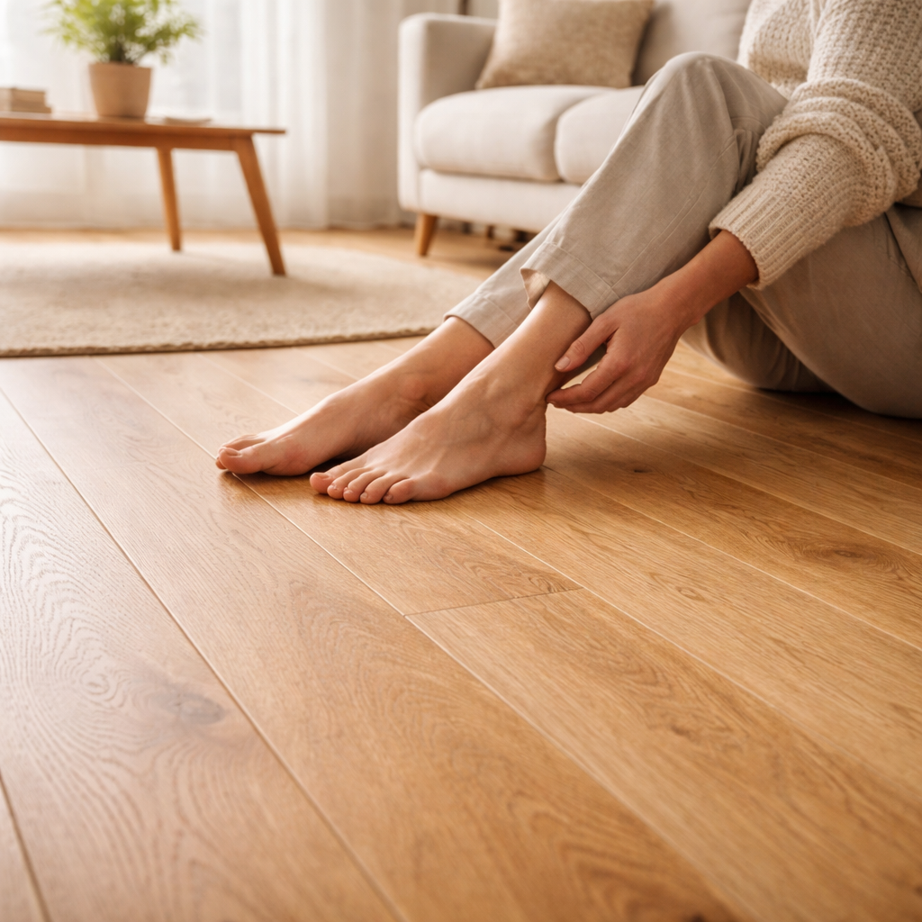 Komfortabelt egetræsgulv med naturlig finish i lyst hjem