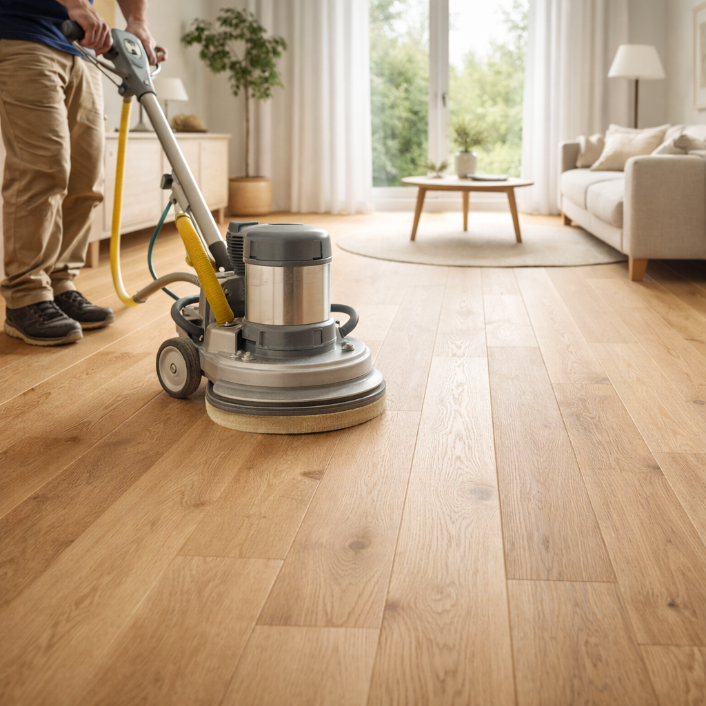 Professionel slibning af eg gulv med moderne udstyr og støvfri løsning