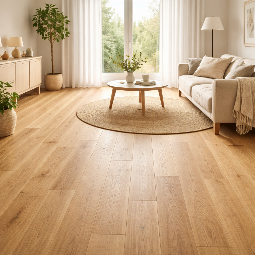 Flot slebet egetræsgulv i lyst skandinavisk hjem med naturligt lys