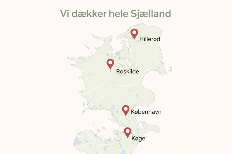 Kort over Sjælland med gulvslibning service i København Roskilde Hillerød og Køge