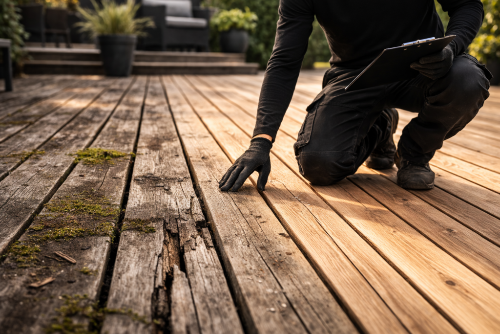 Professionel tømrer i gang med at montere brædder på en ny træterrasse.